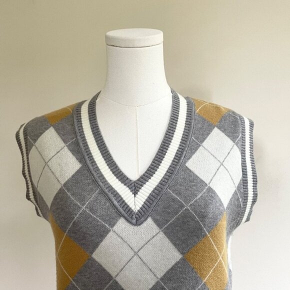 Sweater Knit Vest Dress Argyle V Neck Womens S Academia Preppy Y2K Schoolgirl - Picture 4 of 10